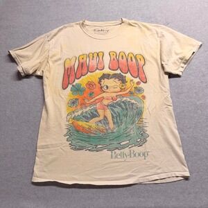 Betty Boop Maui Boop Surfing Graphic T-Shirt Beige Cotton Retro Size M/L
